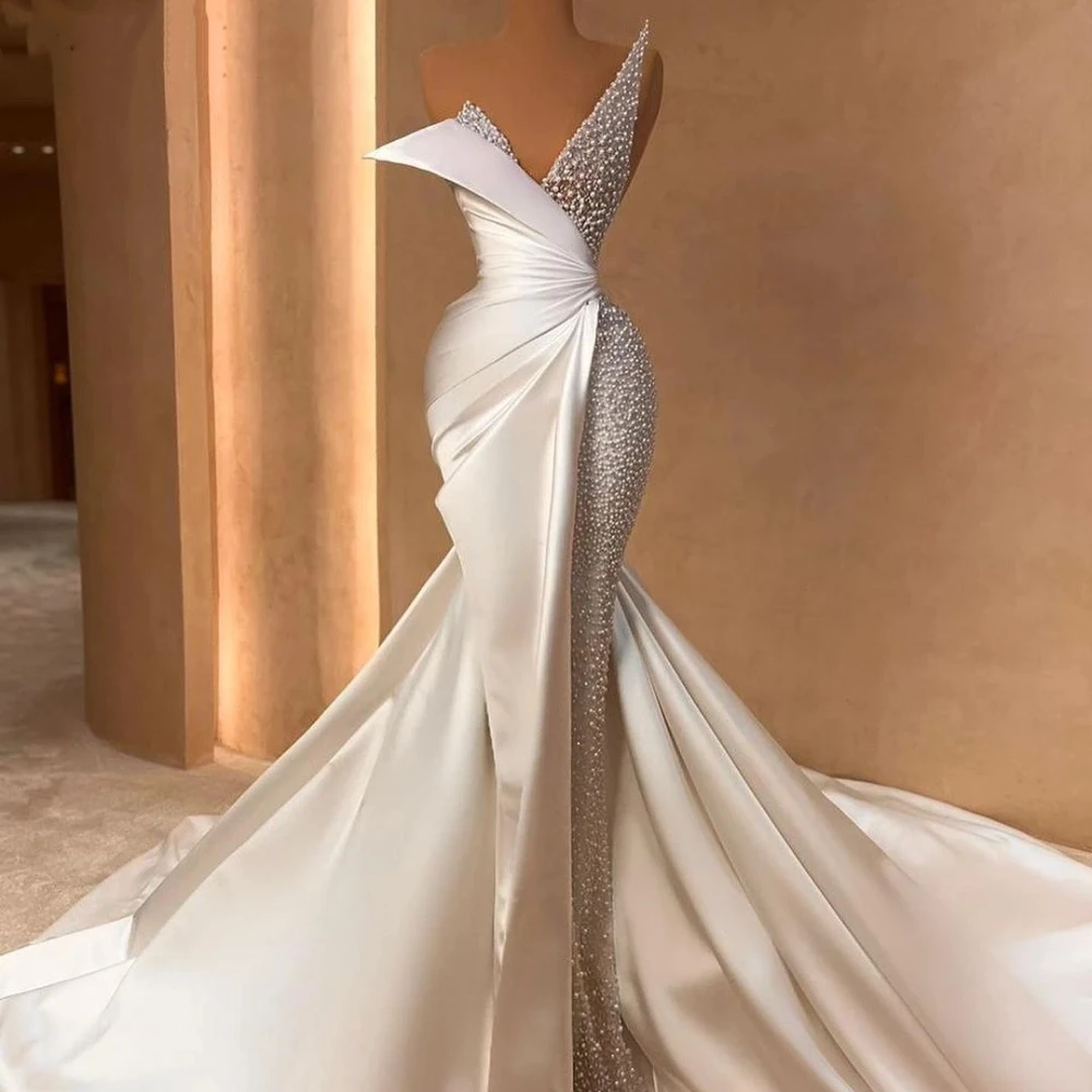 White Elegant Strapless Mermaid Wedding Dresses Pearl Sequins Bridal Gowns Custom Made Sleeveless Dresses Vestido de novia