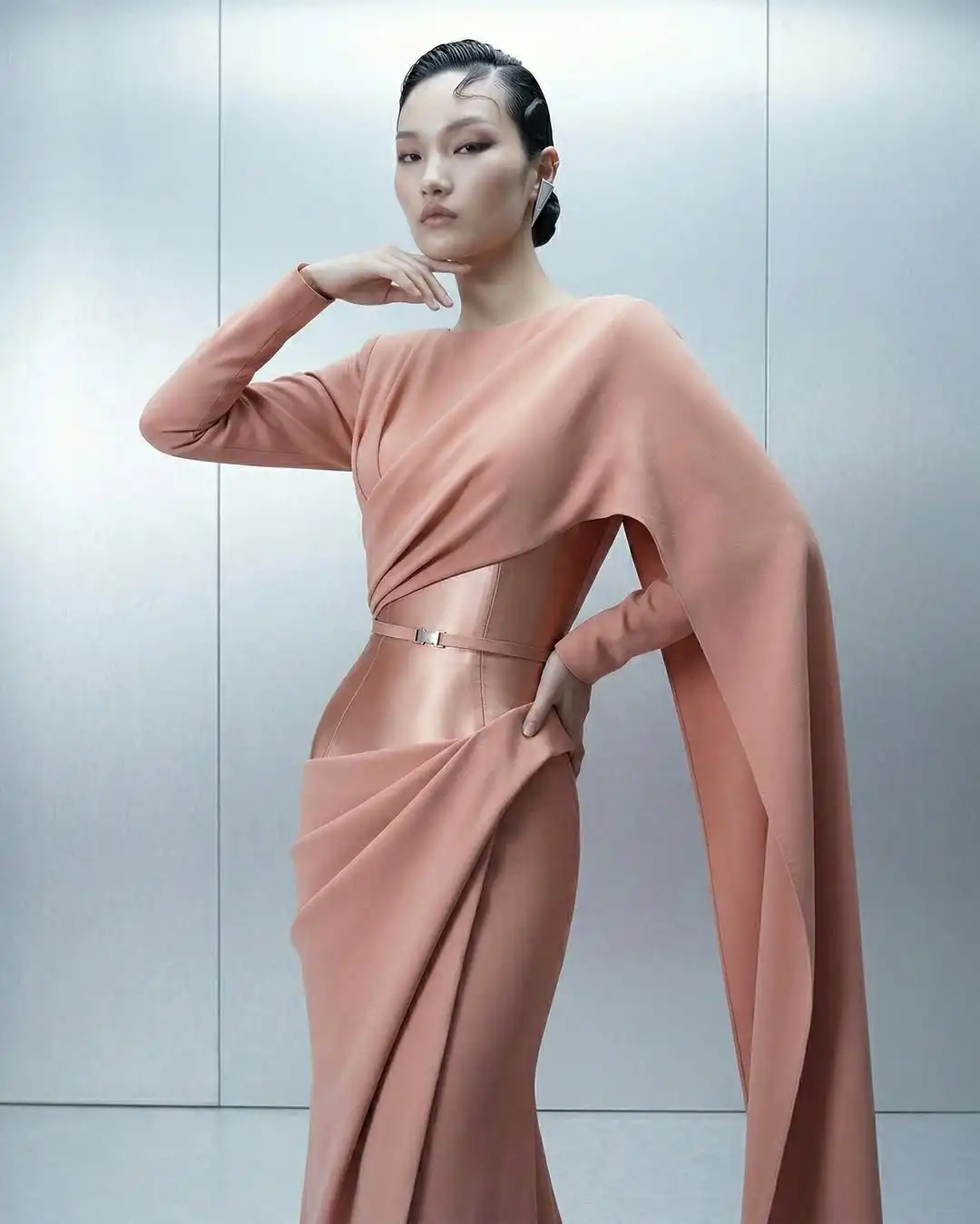 Elegant Blush Pink Satin Gown with Draped Cape Sleeves, Belted Waist & Flowy Floor-Length Silhouette – Lili's Couture Collection image 4