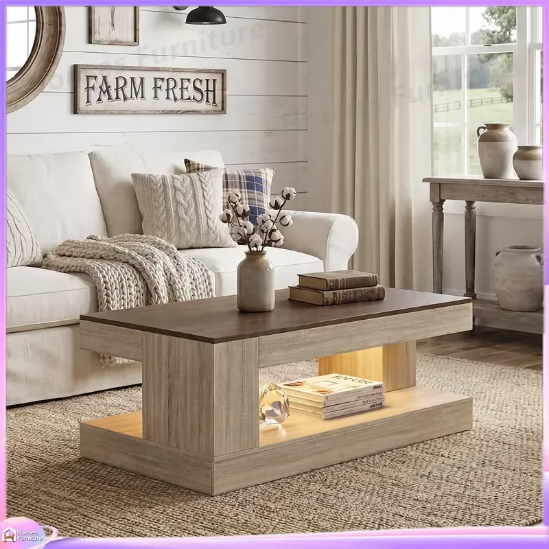 270 Modern Handmade Wooden Coffee Table with APP Control LED Light Two Tone Finish 2 Tier Storage Eco Friendly Living Room