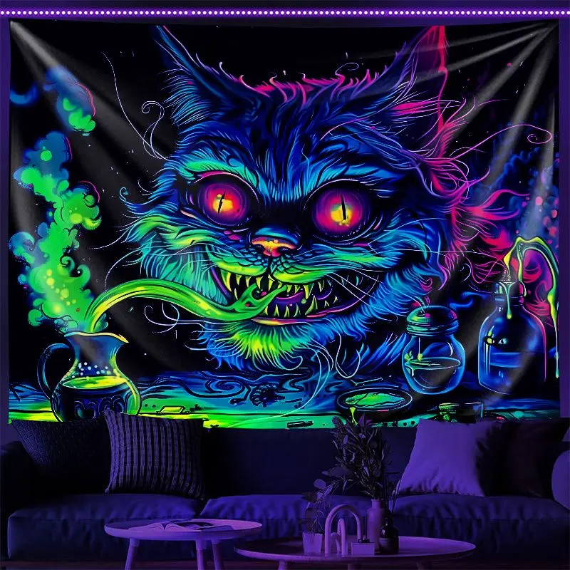 VIKAMA Blacklight Cat Tapestry Neon Blue Green Pink Trippy Grinning Cat Wall Hanging UV Reactive Dorm Room Decor Poster