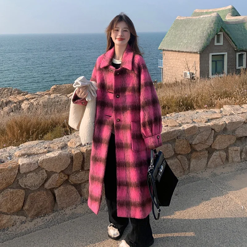 Lady Rose Pink Sweet Loose Temperament Woolen Coat Female Autumn Winter Wholesale Long Over Knee Plaid Thickened Woolen Coat