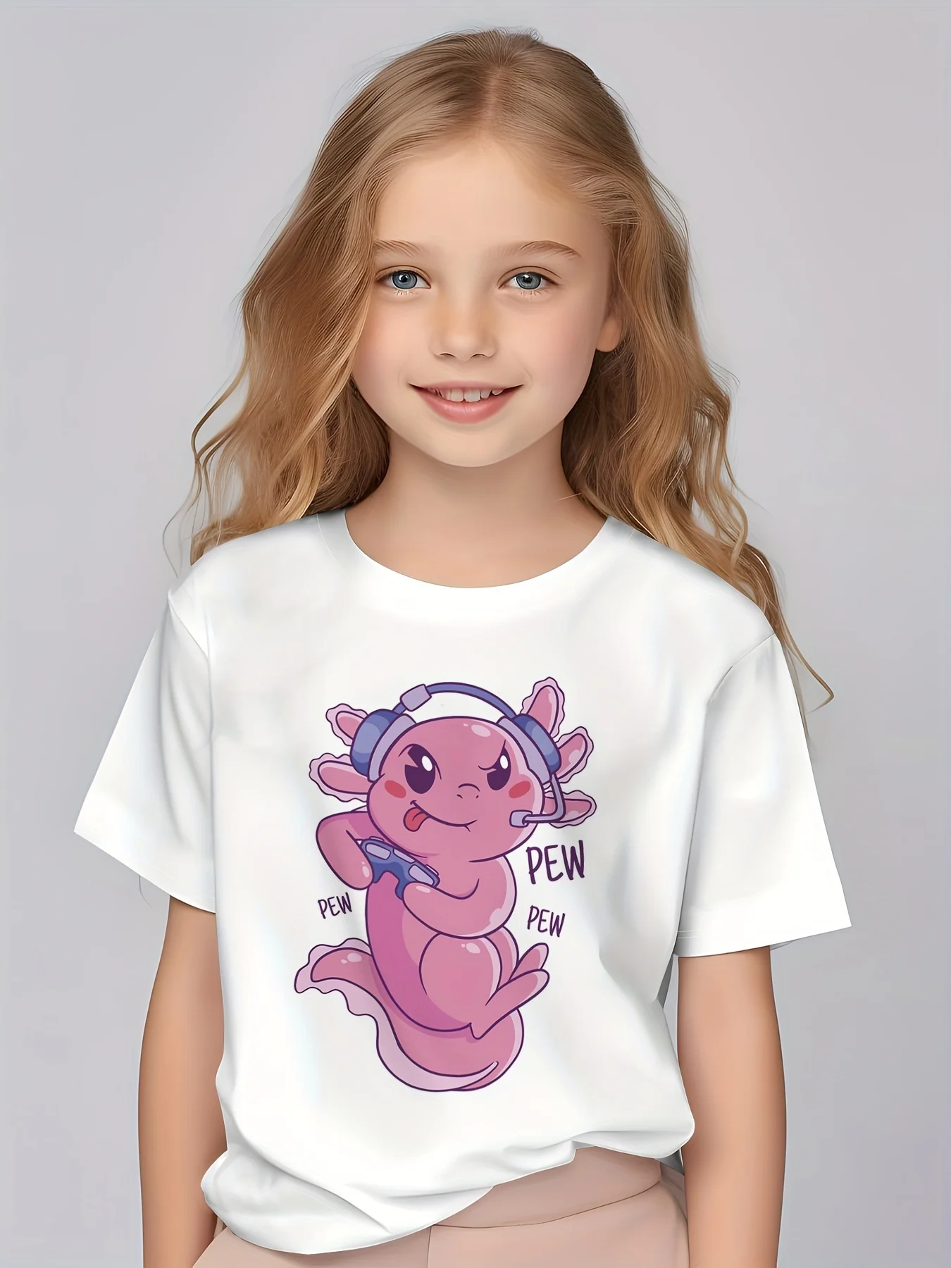 

Children's Clothing Girl T-Shirt Short Sleeve Cartoon Axolotl Print Kids Summer Clothes Casual Fashion O-Neck Girl Clothes Tops
