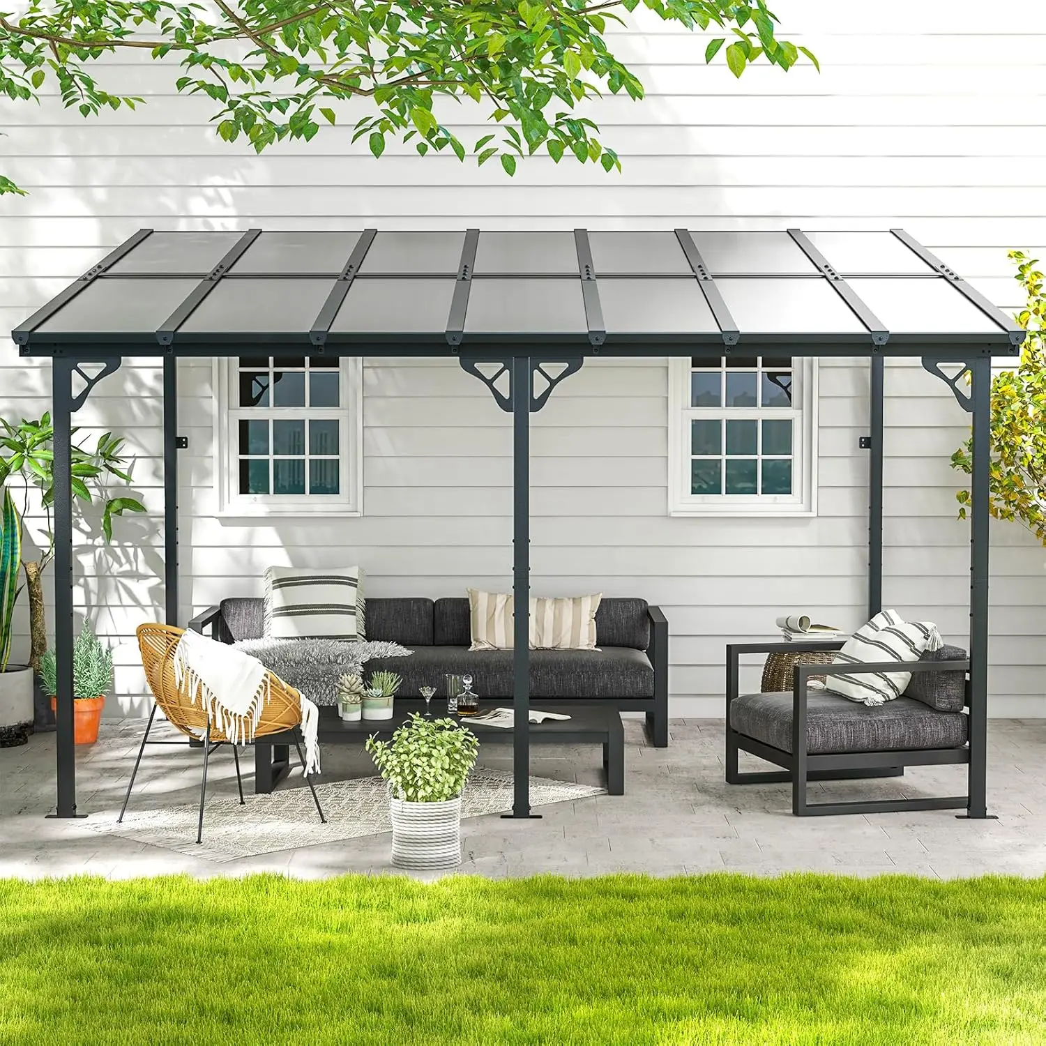 

10' x 14' Gazebo for Patio, Gazebo Pergola with Sloped Roof, Large Wall-Mounted Heavy Duty Awnings, for Backyard, Deck and More