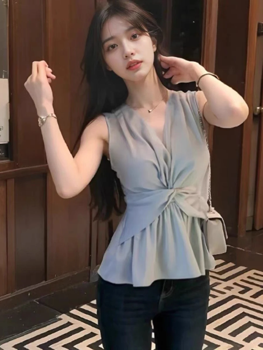 

Sweet Lace Trim Knot Waist V Ne Svel Vest Women Summer Pure Desire Trendy Sexy Slim Fit Top Glue Fiber Casual irt