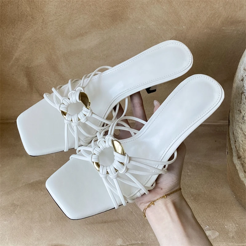 

Aneikeh Fashion Women White Square Toe Mule Heeled Sandals Hollow Out Knotted Strap Gold Ring Decor Elegant Summer Slides
