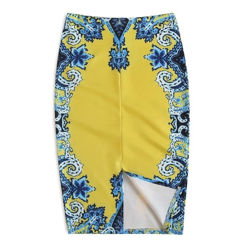 New Spring and Summer Women's Style Spliced Contrast Color High Waist Slim Printed Bag Hip Split Fashion Commute Skirt