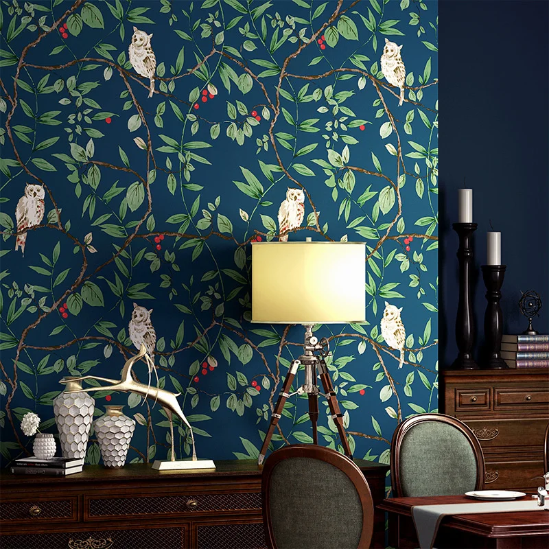 

American country wallpaper idyllic nostalgic living room bedroom dark green flowers and birds TV background wall wallpaper