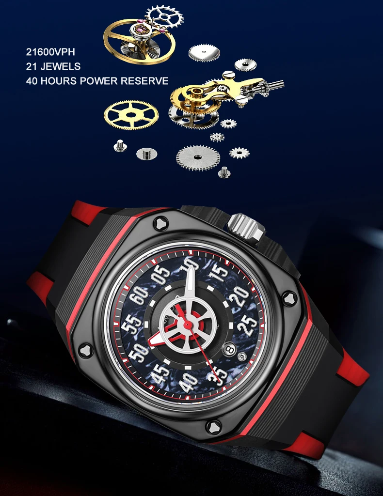 HANBORO-Reloj Automático para hombre, reloj de pulsera mecánico cuadrado de 44mm, resistente al agua hasta 50m, zafiro luminoso Miyota 8215, caja de fibra de carbono