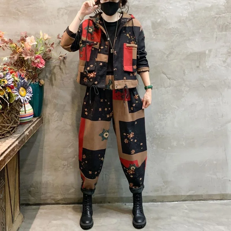 Spring Autumn Women Harlan Pants Two Piece Set Loose Casual Hooded Coat female Korean Age Reducing Foreign Style Cotton Hemp Set