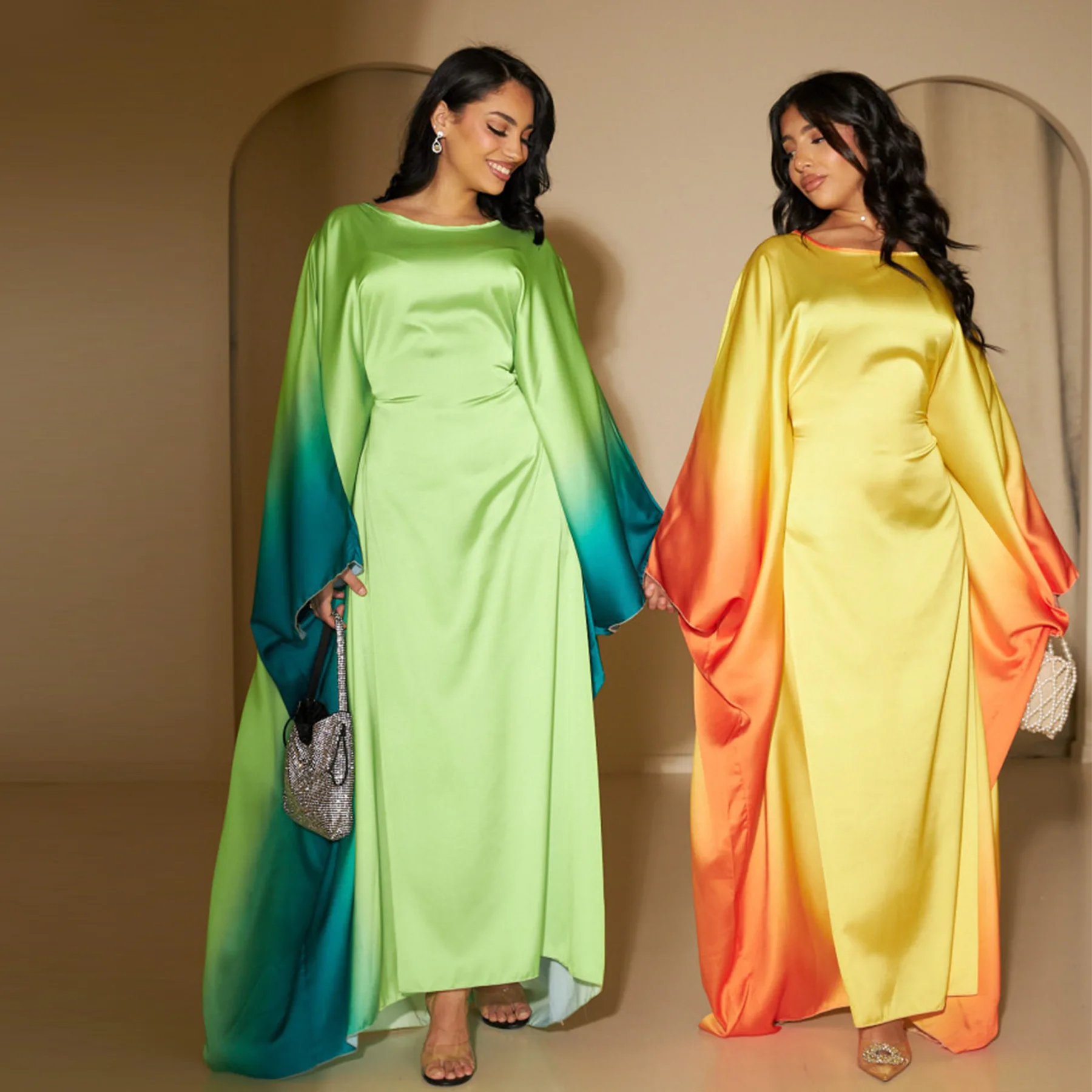 Color degradado brillante Batwing Maxi Abaya Dubai lujo 2024 Abayas mujeres musulmán Kaftan vestido Islam caftán marroquí mujer Jalabiya