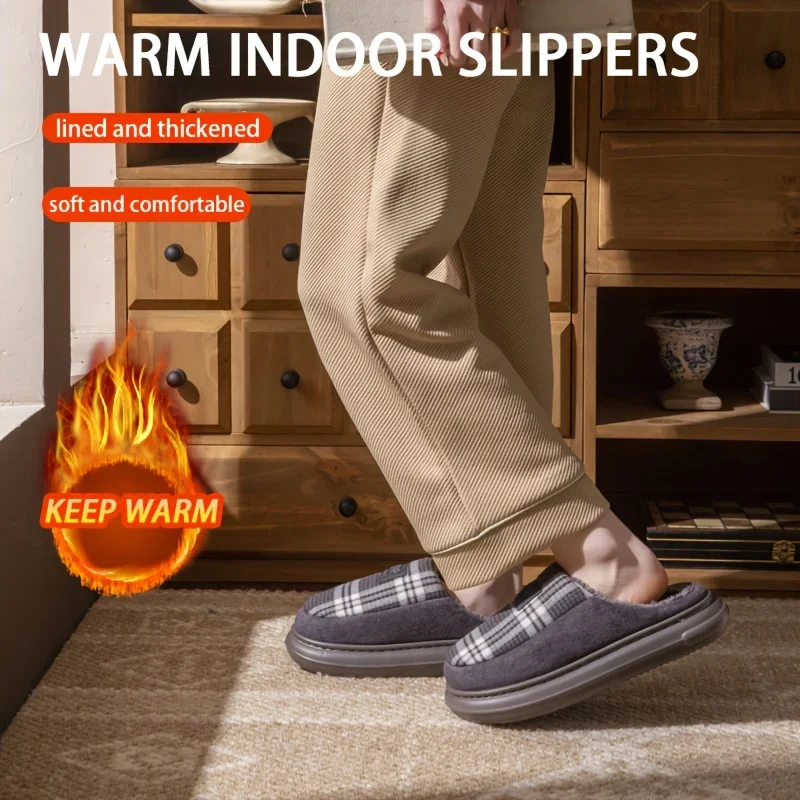 Men Women Warm Plush Slippers Thick Sole Fleece Lined Winter Check Style Cozy Anti Slip Indoor Outdoor Home Footwear Large Size