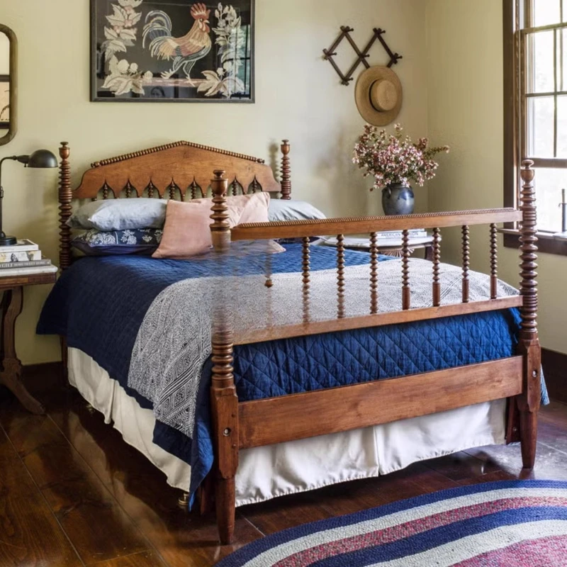 

French retro solid wood carving flower bed American retro ash wood old double bed home master bedroom