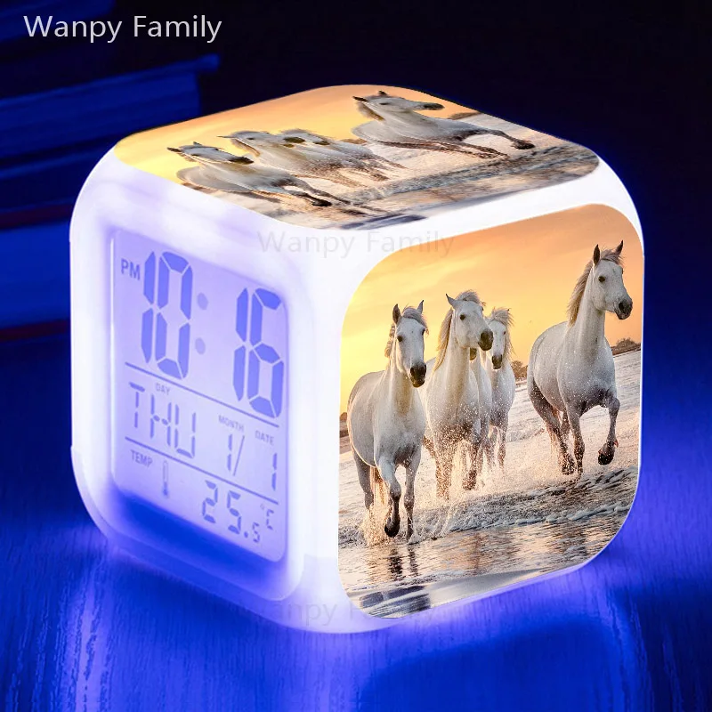 Horse Alarm Clock 7 Color Changing Wake Up Timer Portable Desk Clock With Thermometer Calendars For Kids Birthday Gifts