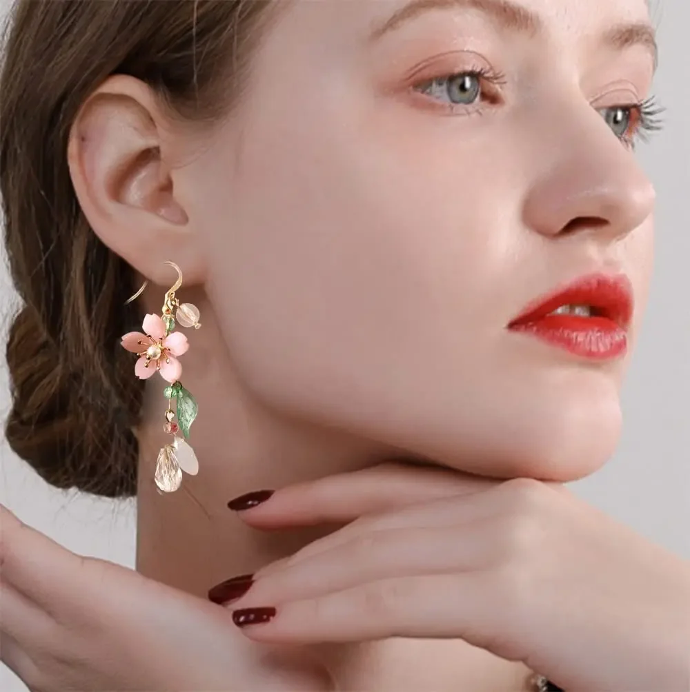 Pink Flower Dangle Earrings for Women Cute Pearl Leaf Sakura Leaf Fairy Statement Summer Refreshing Seaside Idyllic Holiday