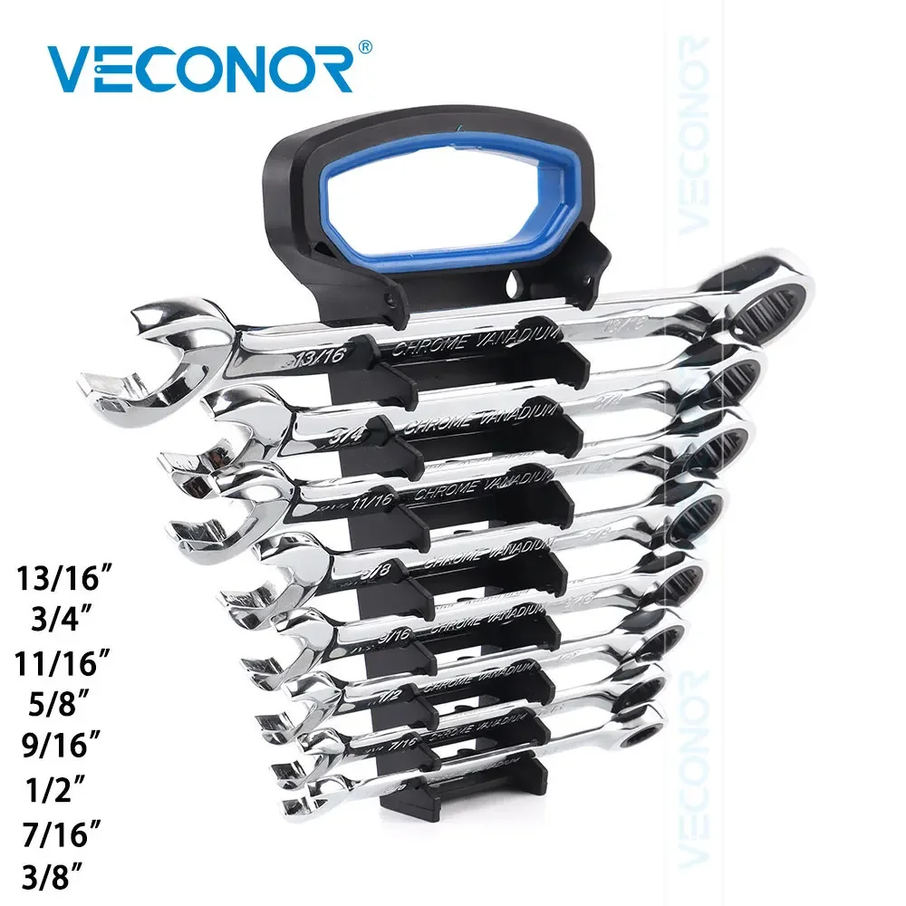 3/8-13/16 Inch Ratchet Wrench Set of Keys Imperial Size with Placstic Rack 72-Tooth Ratcheting Mirror Polished