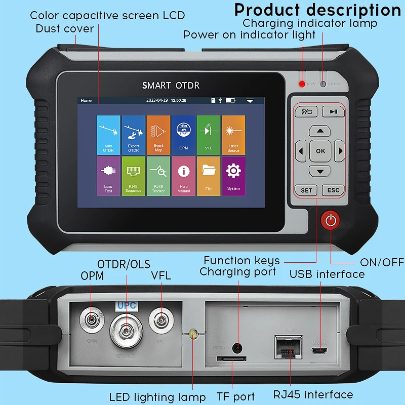 Imagem -04 - Mini Otdr Fibra Óptica Reflectômetro Touch Screen Vfl Ols Opm Mapa de Eventos Ethernet Cabo Tester Aua 565 500 501 516 562 22db