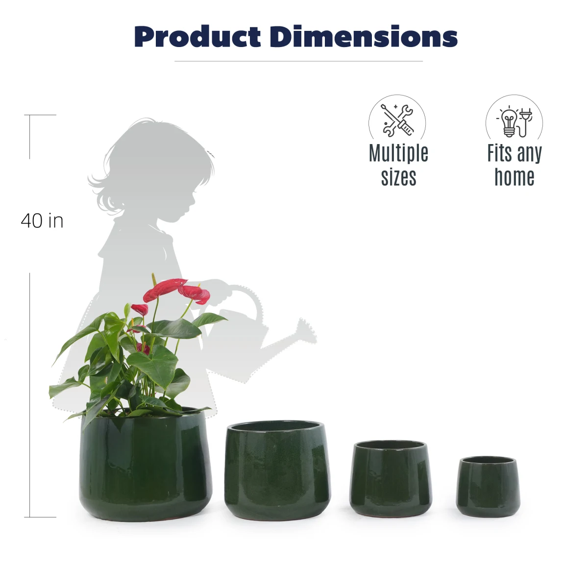 Handmade Solid Glazed Ceramic Planter Set of 4, 14/11/9/7 Inch Diameter, Deep Green, for Succulents and Cacti, Outdoor Garden & Indoor Stairs Use, Breathable Clay with Drainage Holes