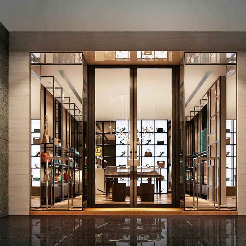 Custom. خزانة عرض الأمتعة وحقيبة السفر المخصصة للمصنع الحديث مع أرفف معدنية