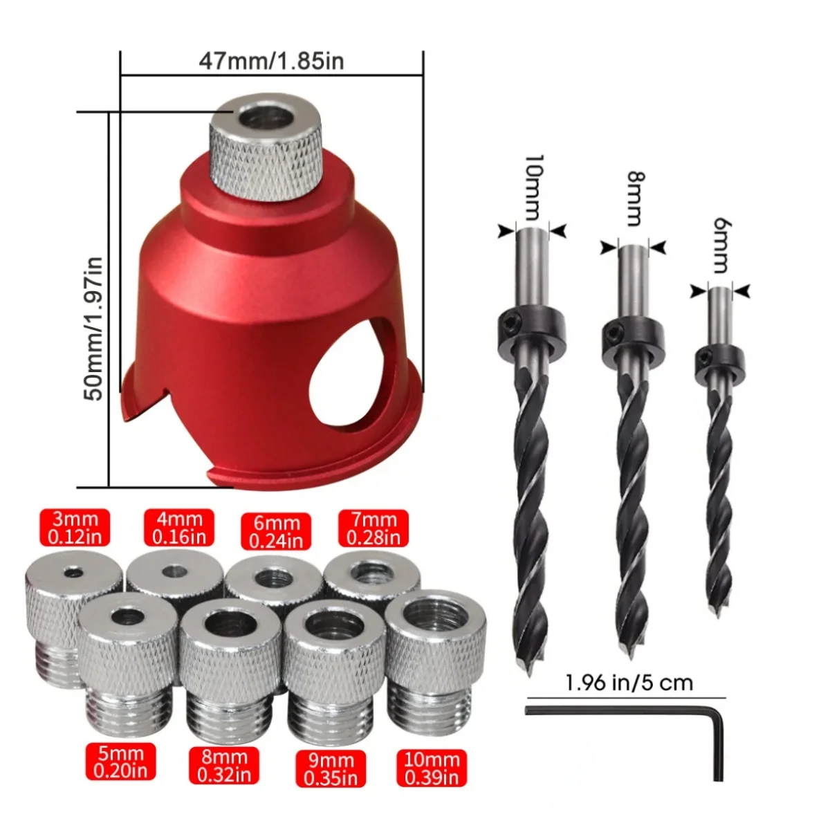 Straight Hole Drilling Positioner 3-10mm Aluminum Pocket Hole Jig W/ 8 Drill Bushing & 3 Drill Bit Dowel Splicing Drilling Guide