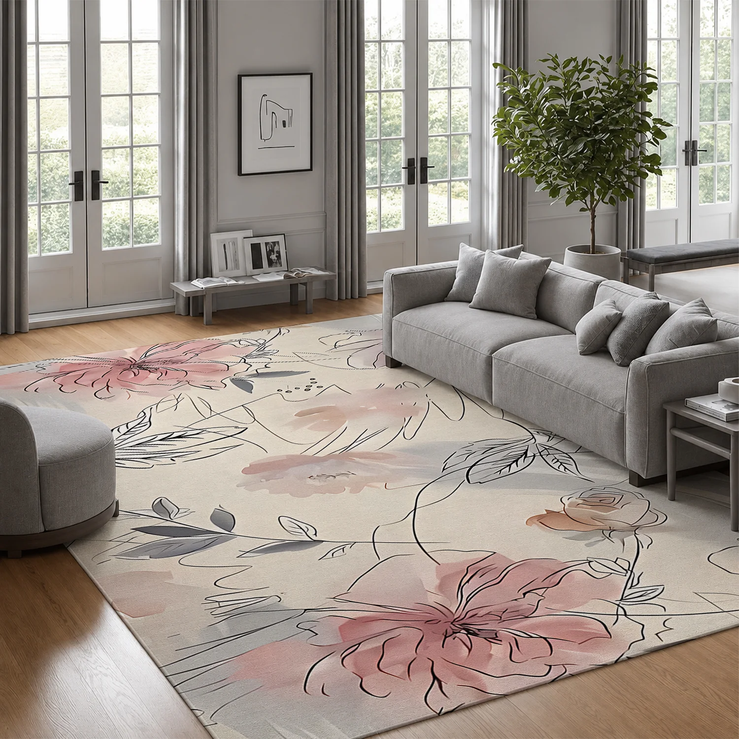 Large Indoor Area Rug, Soft Velvet Low Pile Non-Slip Dotted Backing, Machine Washable Abstract Blush Pink Gray Floral Rug for Living Room, Bedroom, Entryway Soft Home Decor
