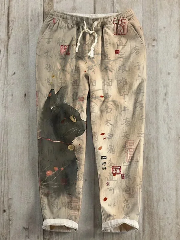 Japanische Samurai Katze druckt weites Bein Hosen Harajuku Freizeit hose Hipster Sommer hose Streetwear Sweapants Männer Frauen Kleidung – Detail 9