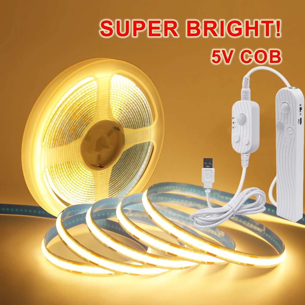 COB LED Strip Light 5V 320LEDs/M Human Body Infrared Controller 8MM USB Powered Dimmable Flexible LED 0.5m 1m 2m 3m 4m 5m