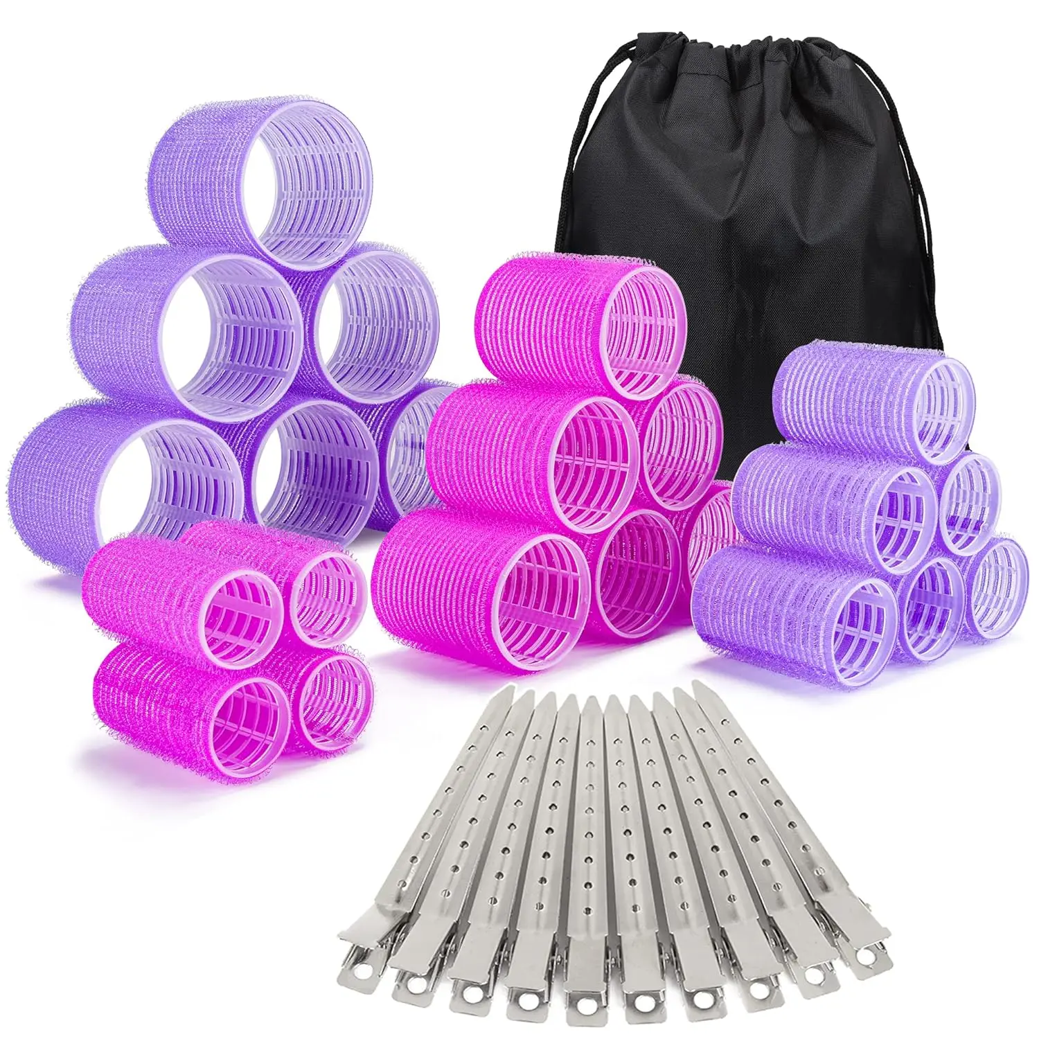 

33pcs Self Grip Hair Rollers Set with Clips & Bag, No Heat Curlers for Long Medium Short Hair, Large to Small Sizes