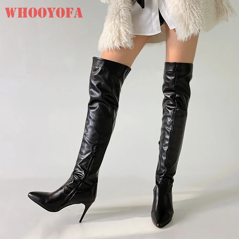 

Winter Elegant Black Silver Women Thigh High Boots Fashion Pointed Toe High Heel Lady Nude Shoes Plus Big Size 10 43 45 48