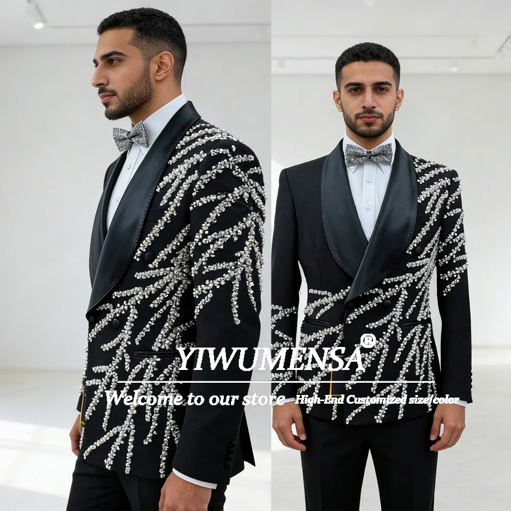 

Elegant Pearls Beaded Men Suit Attire For Wedding Double Breasted Jacket Trousers 2 Pieces Sets Banquet Birthday Party Tuxedos