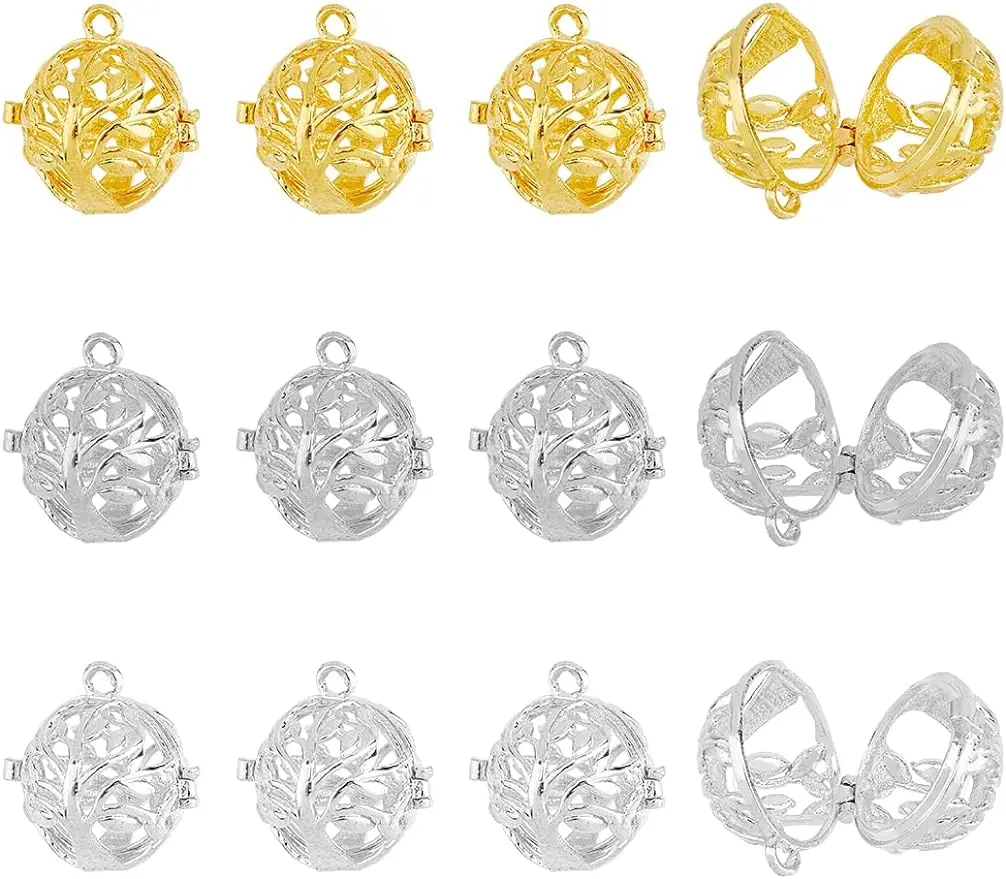 12Pcs 3Colors Chime Ball Pendants Tree of Life Round Cage Pendants Platinum Golden Tumbled Rock Bead Cage Hollow Cage Pendants