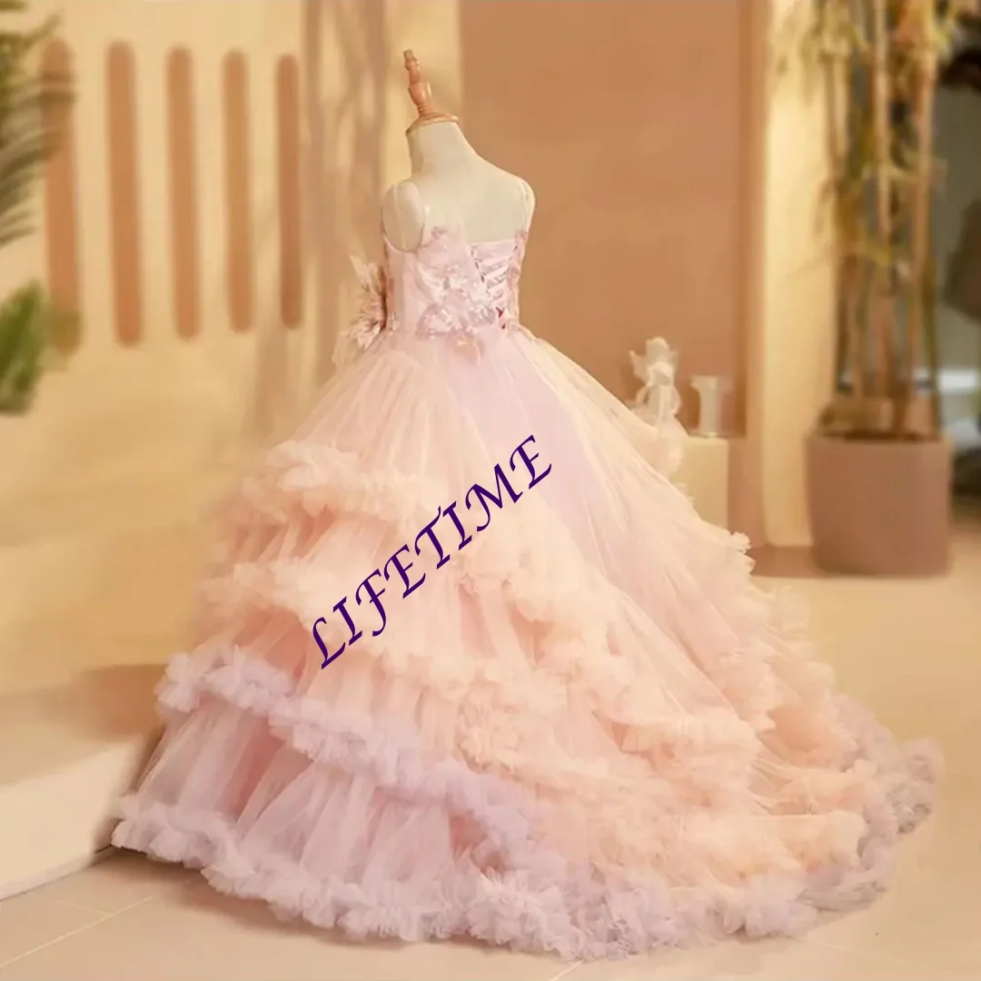 カスタマイズされた高級感あふれる花嫁介添えドレス、羽根飾り付きアラビアンプリンセス風キッズウェディング、誕生日パーティー、舞踏会、聖体拝領式用ガウン