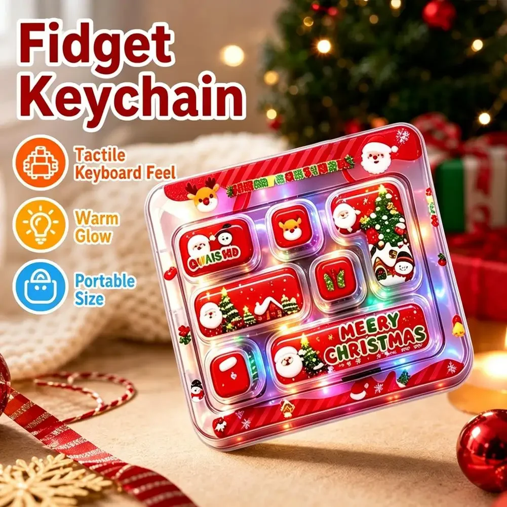 7-Keys Glowing Christmas Keycap Clicker Bag Charms Key Caps Keychain Keyboard Fidgets Clicker Button Keycap Xmas Gifts For Kids