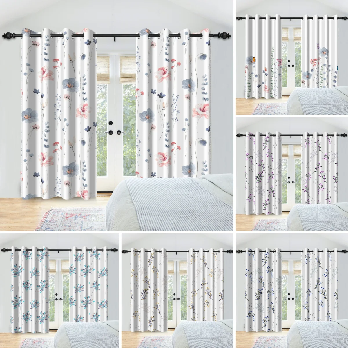 2pcs/set Floral and Leaves Curtain Boho Branch Tree Plant Patterned Bedroom Living Room Decoration Blackout Polyester Curtains