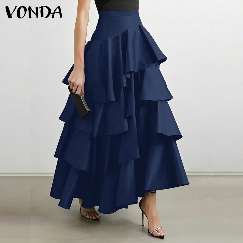 VONDA Plus Size 5XL Women Long Maxi Skirt Fashion High Waist Hem Party Jupes Faldas Saia Elegant Ruffled Swing Bottom Streetwear
