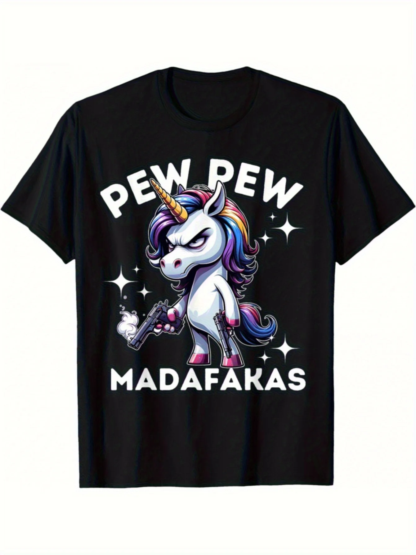 T-shirt graphique Madafakas Angry Unicorn - T-shirt décontracté noir avec un design d'unicornes éclatant, texte PEW PEW& MADAFAKAS, idéal pour