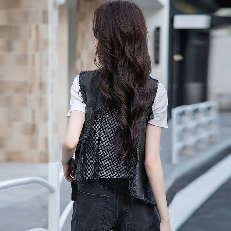 Women Denim Hollow Out Patchwork Short Vest New Big Size V-neck Sleeveless Loose Trendy Spring Summer Denim Tank Tops Streetwear