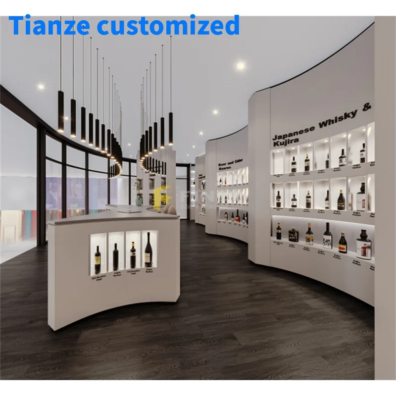 （customized）Modern Liquor Store Interior Decoration Design Whisky Display Rack Counter Wood Liquor Store Shelving