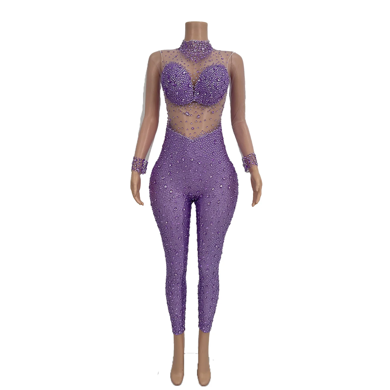 Jesień Nowy Kombinezon Sexy Mesh Purple Rhinestone Spodnie Sportowe Piosenkarze Tancerze Idols Występy Sceniczne Duży Rozmiar Odzież Damska WS