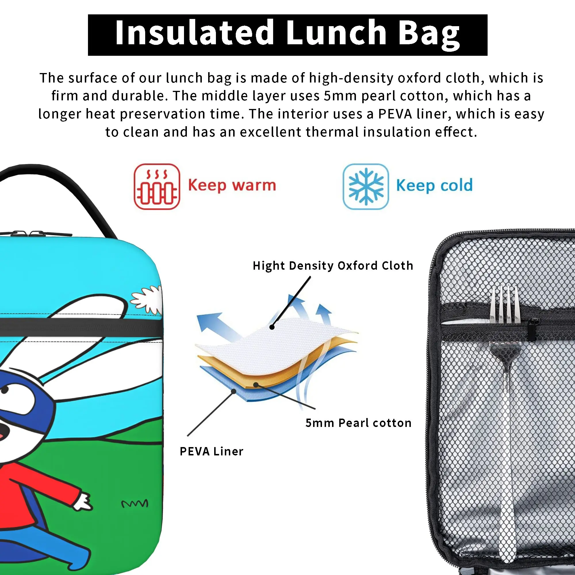 Simon Super Rabbit Lunch Bag, ästhetische Lunchbox, tragbare Tragetasche für Picknick im Freien, Lebensmitteltaschen für Erwachsene, wasserdichte, individuelle Kühltasche – Detail 5