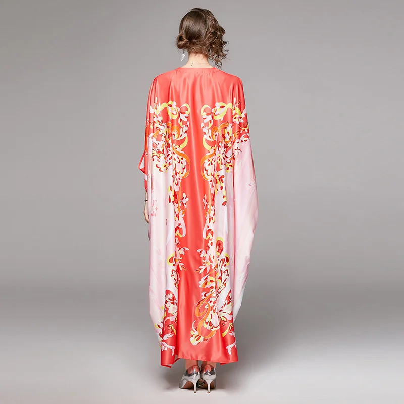 2024 Summer New European and American Fashion Bat Sleeve Flower Printed V-neck Loose Large Dress Knee length Long Dress