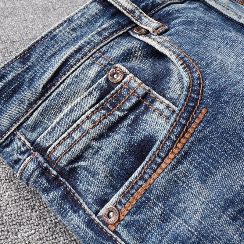 Pantalones vaqueros de estilo italiano para Hombre, Jeans rasgados, elásticos, azul Retro, de alta calidad, informales, de diseñador Vintage