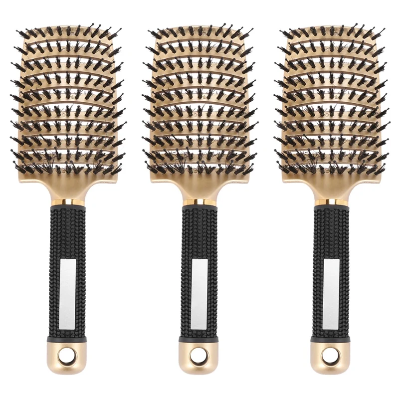 Bebar Bristleヘアブラシ女性用、湾曲したデタンリングヘアブラシ、長い、厚く、薄く、防ぎ、3個