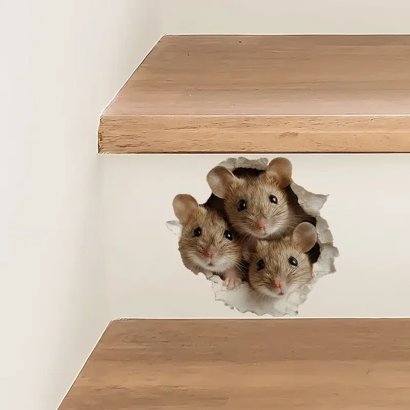 VIKAMA Three Probe Mouse Hole Wall Sticker, Self-Adhesive Creative 3D Sticker for Living Room Entrance Room Decoration