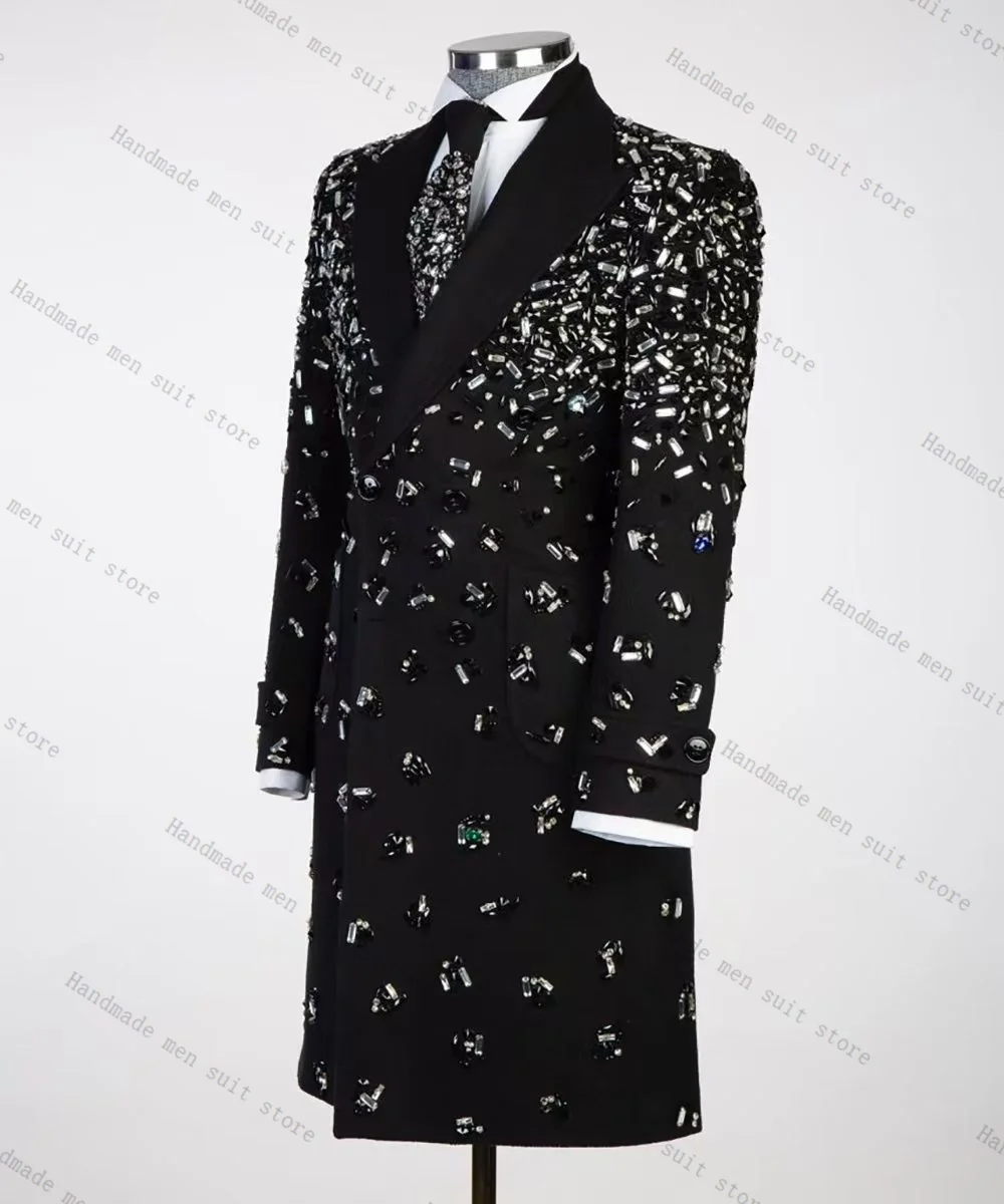 

Long Men Suit Set 2 Piece Crystals Blazer Wedding Tuxedos Overcoat Cotton Autumn Customized Formal Office Business Jacket