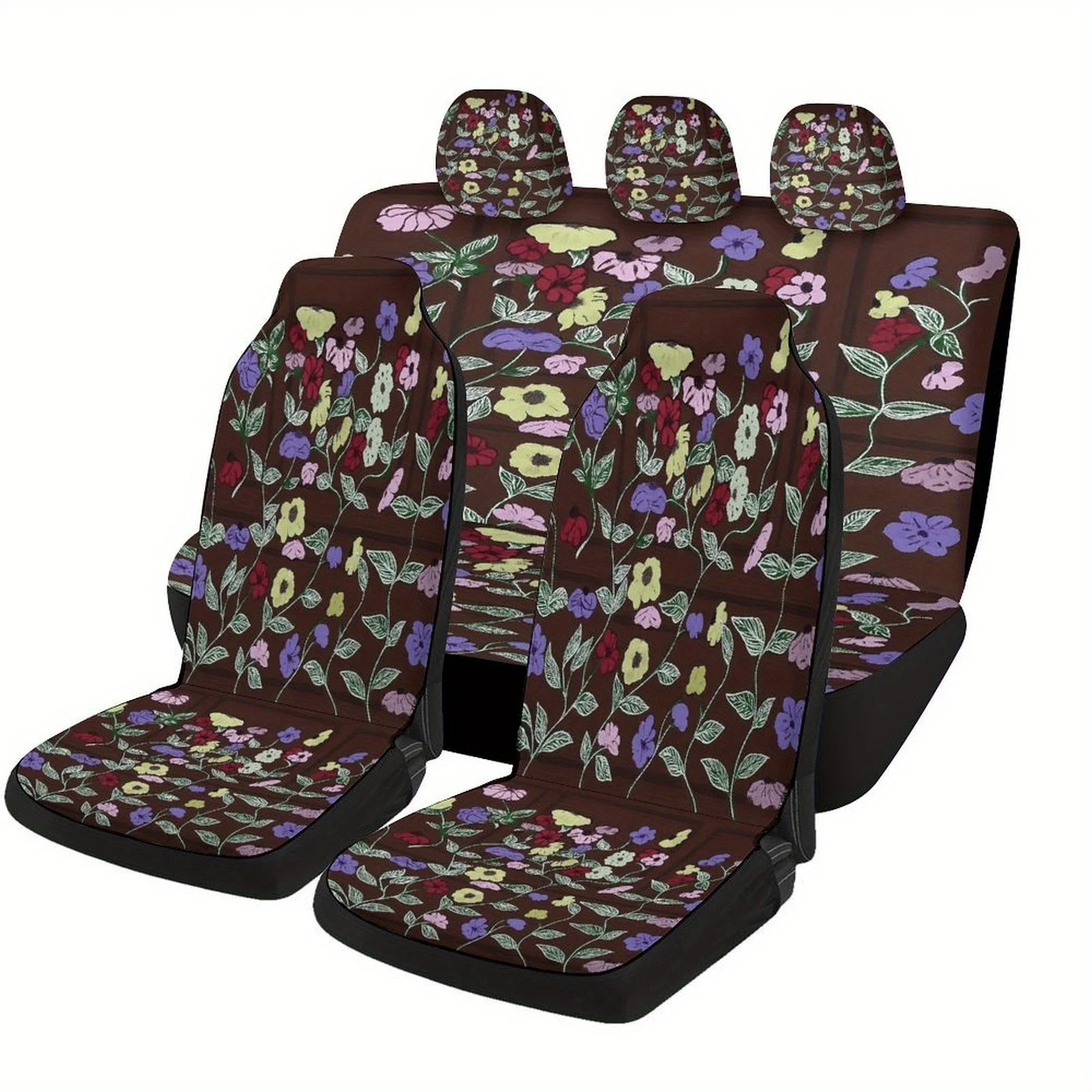 Floral Pattern Car Seat Covers Set - Trendy Novelty Decorative Full Set For 2 Front & Rear Seats, Machine Washable, All-Season P