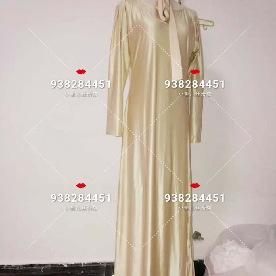 

Glossy Women Satin Maxi Robe Long Sleeve Sashes Loose Long Dress Plus Size Sleeping Gown