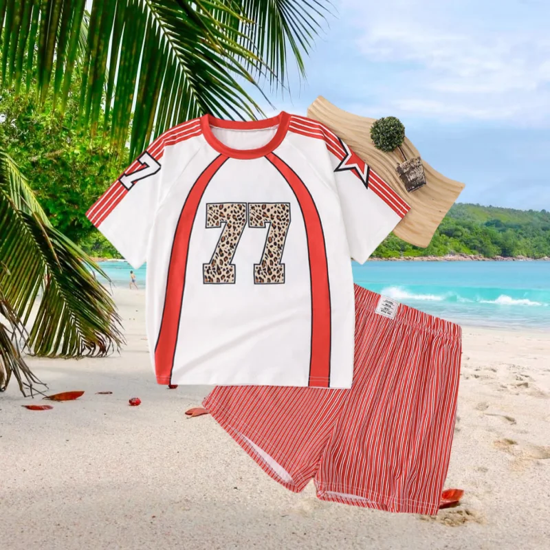 

Summer Sportswear Striped Short Sleeve Top and Solid Color Shorts Daily Adult Boys, Girls and Children Parent-Child Suit