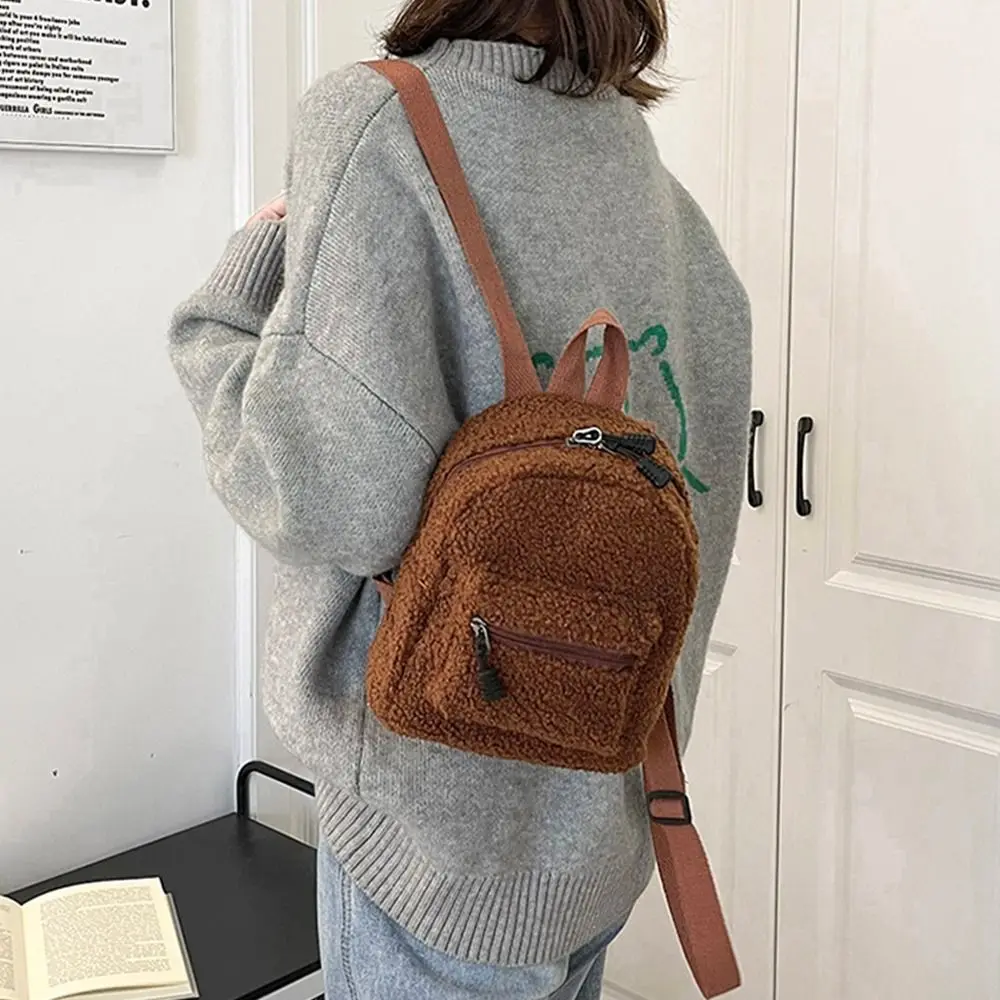 Casual Creative Plush Backpack Fuzzy Adjustable Shoulder Straps Mini Women\'s Backpacks Cute Solid Female Bag Travel