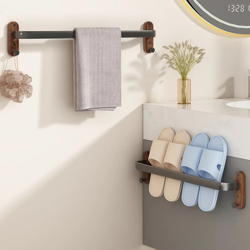 Walnut Wood Towel Rack, No-Drill Bathroom Storage Shelf, Integrated Bath Towel Hanging Rod for Toilet and Bath Towel Storage