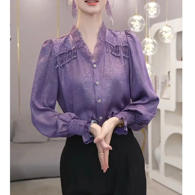 2026 Autumn New Temperament Versatile Age-reducing Purple Long-sleeved Shirt Large Size Women's Fat MM Light Luxury Casual Top